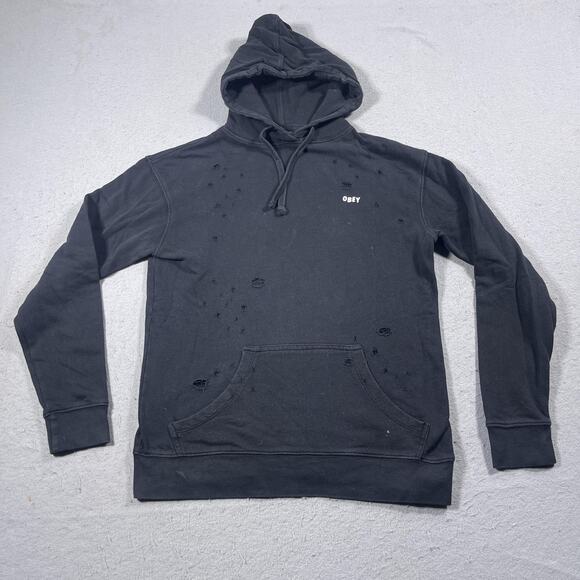 Obey Hoodie Mens Small Distressed Pullover Skull Graphic Streetwear Trashcore - Picture 1 of 9